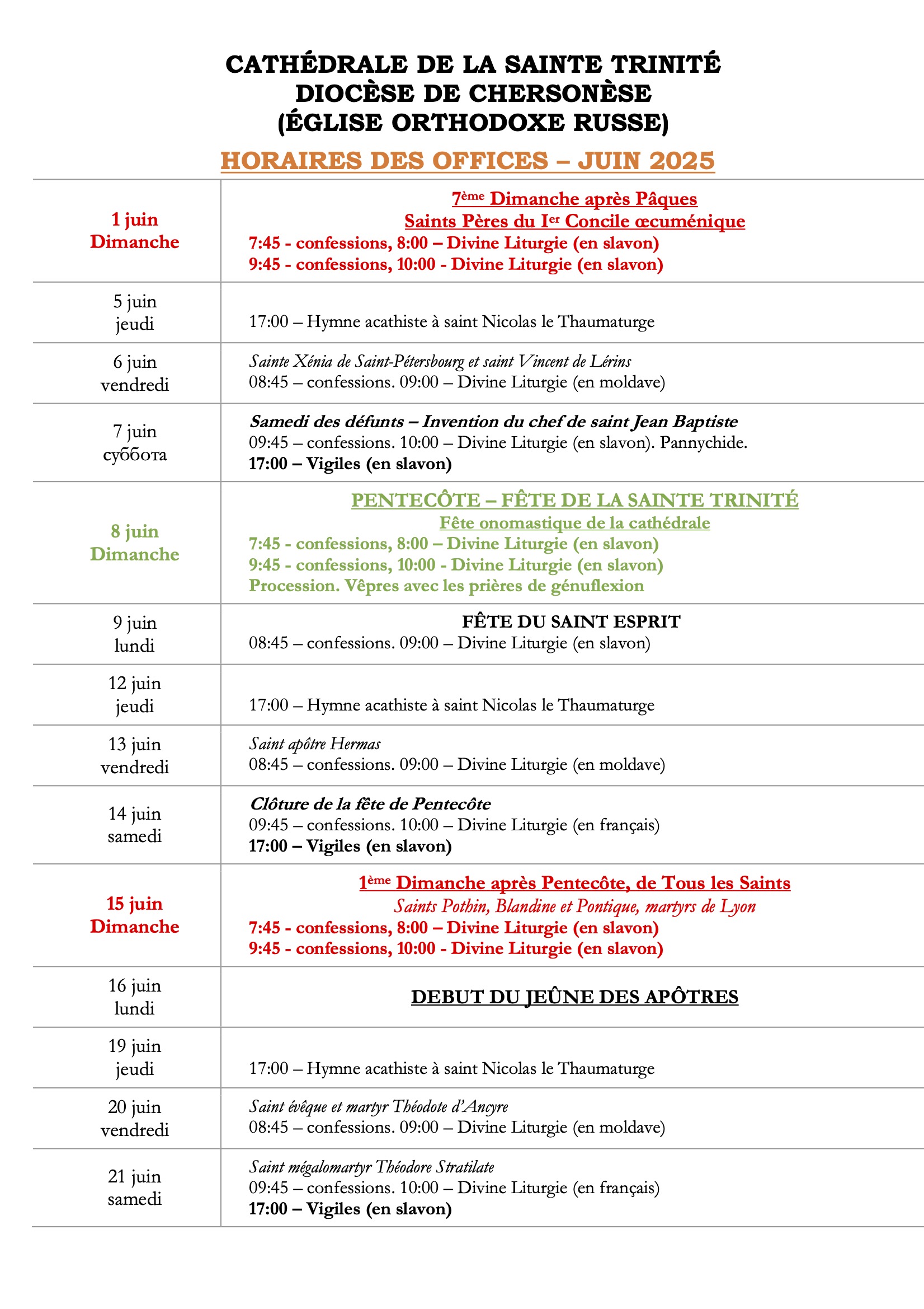 Horaires des offices-juin-2025
