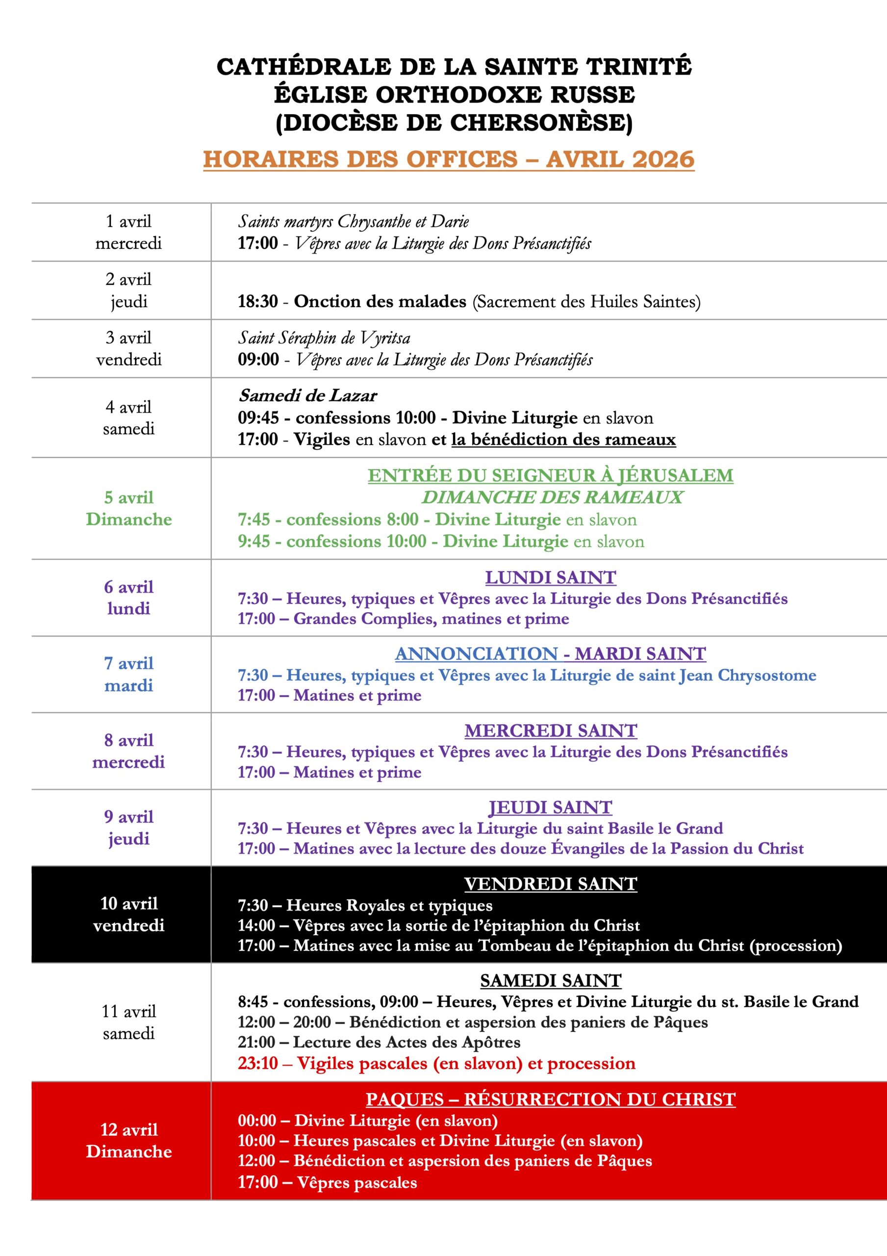 Horaires des offices-avril-2026