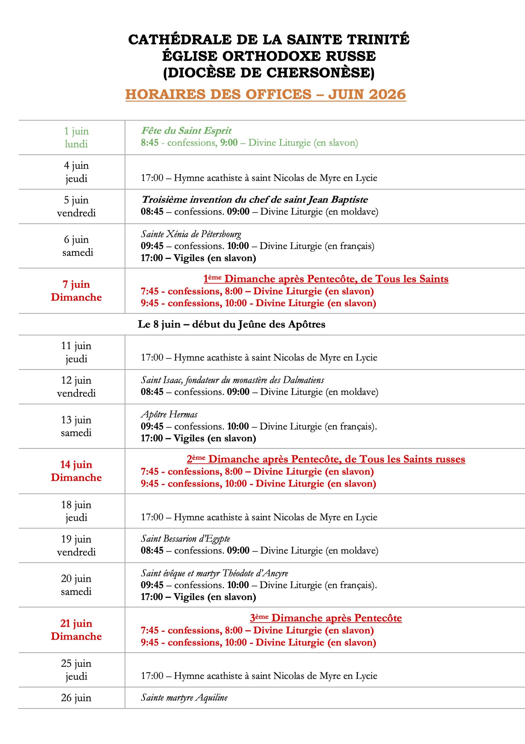 Horaires des offices-juin-2026